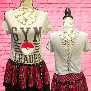 Upcycled Slashed Weaved Pokemon Pokeball Gym Leader Cropped T-shirt Medium
